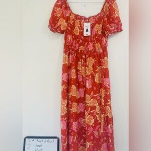 NWT Zesica Floral Orange Poof Sleeve Midi Dress Size Large